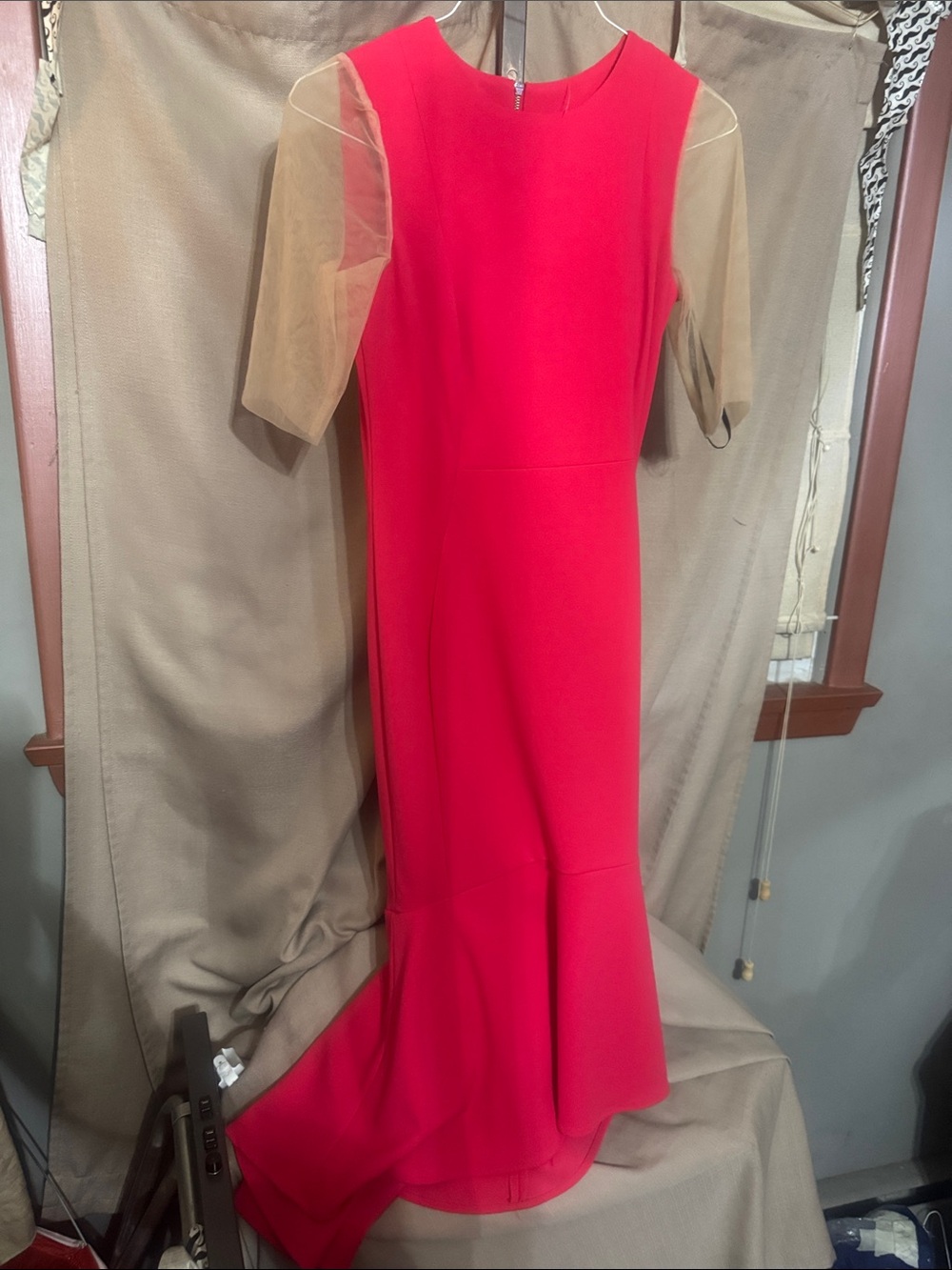 Calvin Klein Bright Red Dress with Sheer Beige Sleeves S-30-4